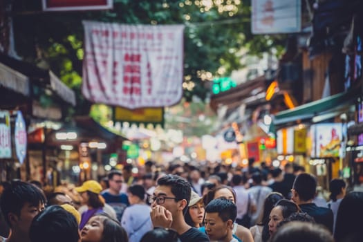 Xian, China -  July 2019 : Crowds visiting the popular street food district called Muslim Quarter in Xian, Shaanxi Province
