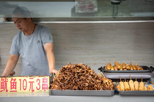 Xian, China -  July 2019 : Meat, snacks, calamari and fried baby octopus vendor selling food on the street in the Muslim Quarter