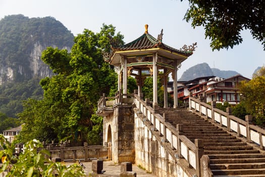 Chinese style stone staircase and pagoda, Yangshuo, China, Asia
