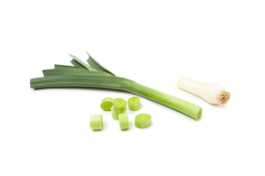 Green leek sliced isolated on white background