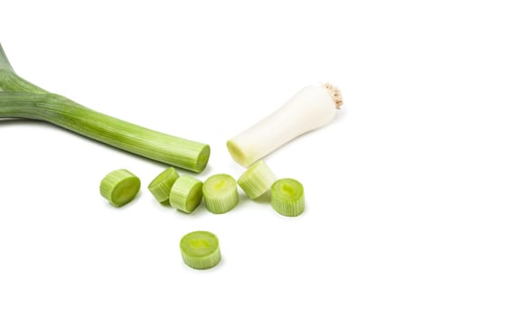 Green leek sliced isolated on white background