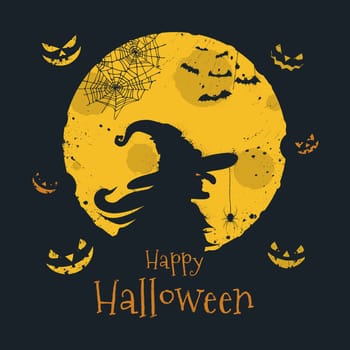 Happy Halloween trick or treat. Witch silhouette over full moon, jack o'lantern, bats and spider web symbols. Traditional 31 october holiday, calligraphy and colors in minimalistic flat design.