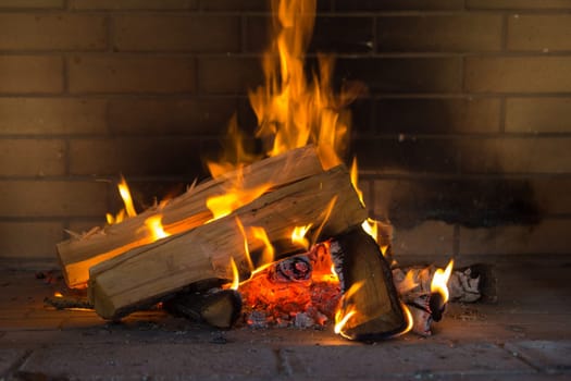 Close up shot of burning firewood in the fireplace.