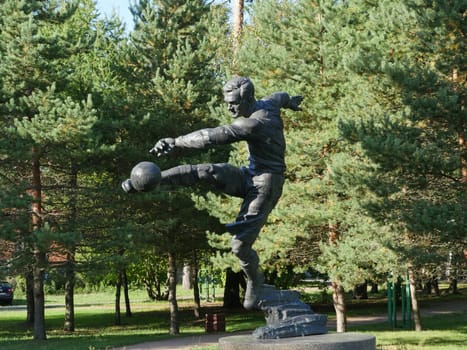 St. Petersburg, Russia, August 27, 2019 Monument to the football player Vsevolod Bobrov,  football forward kick ball