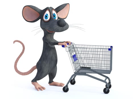 3D rendering of a cute smiling cartoon mouse walking with an empty shopping cart, ready to shop. White background.