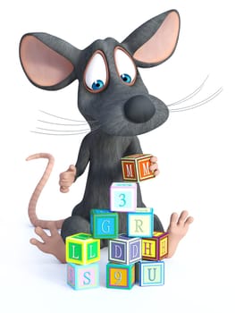 3D rendering of a cute cartoon mouse sitting on the floor and playing and building a tower with toy blocks. White background.