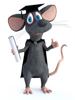 3D rendering of a cute smiling cartoon mouse dressed in graduation clothes and doing a thumbs up. White background.