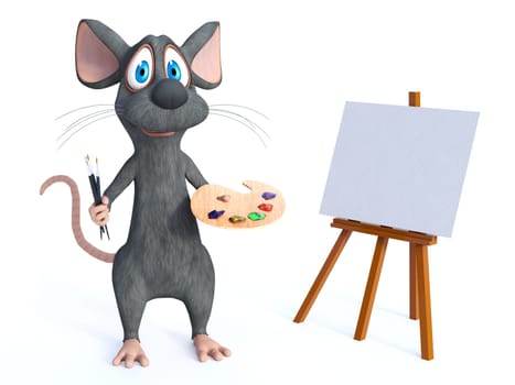 3D rendering of a cute smiling cartoon mouse standing in front of a blank canvas on an easel, holding tree brushes in one hand and an artist palette in the other, ready to paint like an artist. White background.