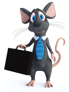 3D rendering of a cute smiling cartoon mouse dressed as a businessman wearing a tie and holding a briefcase, dressed for success. White background.