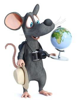 3D rendering of a cute smiling cartoon mouse with a hat, camera and backpack like a tourist. He is looking at a world globe, ready to decide where to travel. White background.