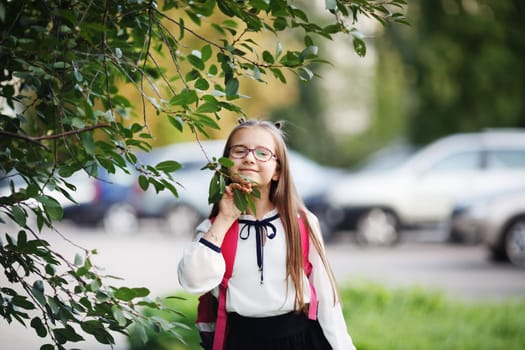 Little schoolgirl posing outdoors. Smiling child girl. Selective focus.