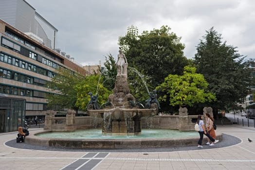 the beautiful reconstructed art nouveau fountain in downtown frankfurt germany