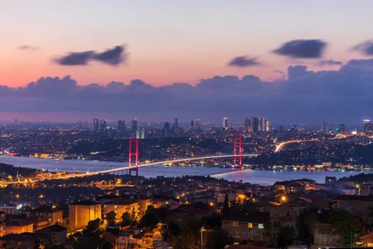 The 15 July Martyrs Bridge or the Bosphorus bridge in Istanbul, Turkey, night view.