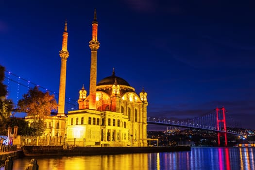 Ortakoy Mosque, a Grand Imperial Mosque in Istanbul, Turkey, evening view.