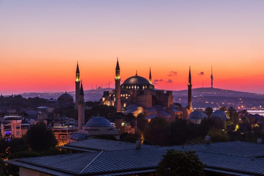 Hagia Sophia in Istanbul, colorful sunset view.