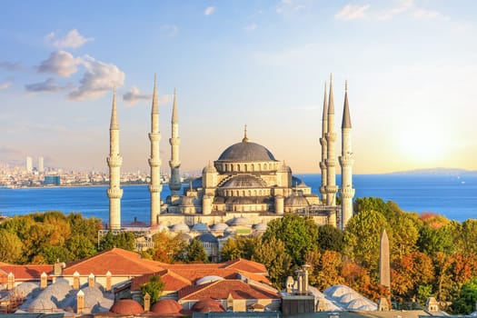 Famous Blue Mosque in the sunset rays, Istanbul, Turkey.