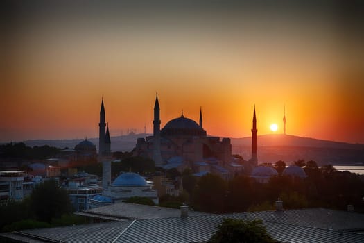 Hagia Sophia, view at sunrise in Istanbul, Turkey.