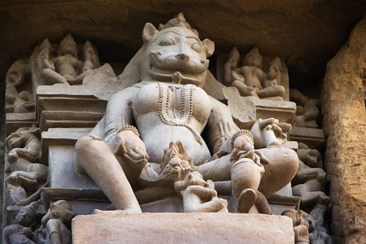 Stone sculpture at Chaturbhuj Temple, Khajuraho, Madhya Pradesh, India, Asia