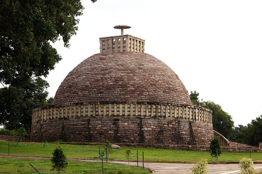 View of Stupa 3 crowned by single umbrella at Sanchi, near Bhopal in Madhya Pradesh, India, Asia