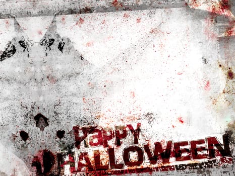 Spooky Halloween background with shadow of demon. Grungy frame, bloody patchy with remains of scotch tape and cellophane. Background fully editable. It can be used as a party invitation, food menu, poster, wallpaper, design t-shirts and more.