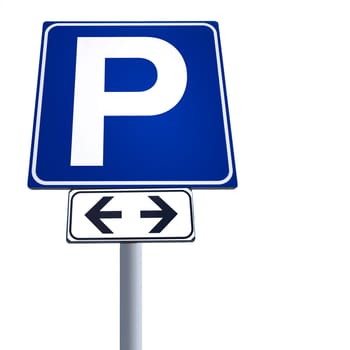 Free parking signal, for both street sides, isolated over white. Copy space.