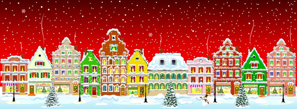 Winter night in the old town on the eve of Christmas. City street in winter. Christmas Eve. The houses are covered with snow. Snow on a city street. Houses decorated before the winter holidays. Snow-covered city street.