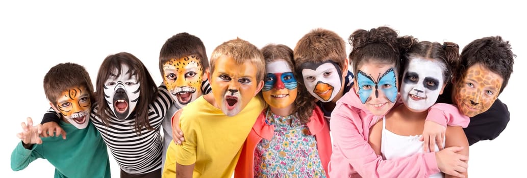 Children's group with animal face-paint isolated in white