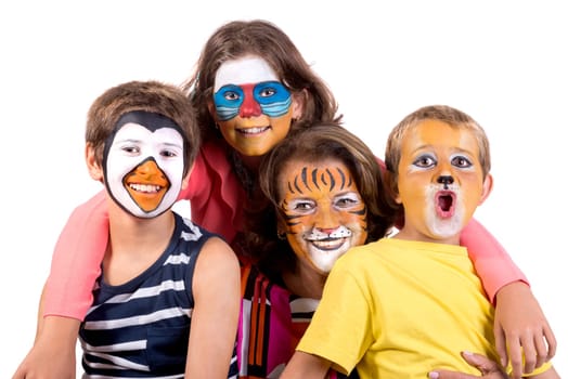 Children's group and grandmother all with animal face-paint isolated in white