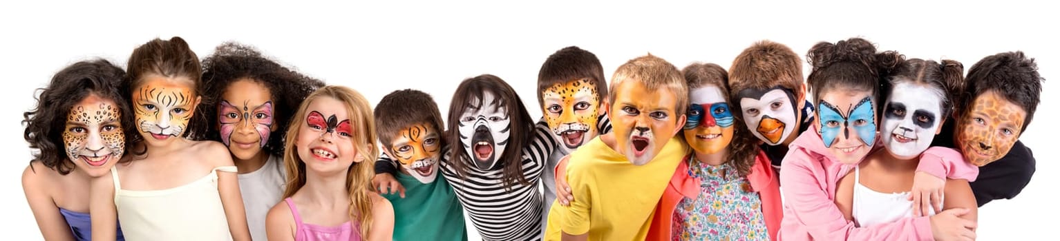 Children's group with animal face-paint isolated in white