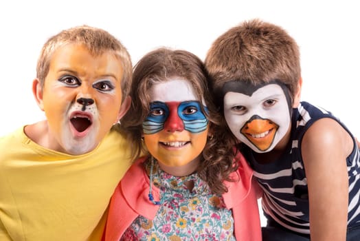 Children's group with animal face-paint isolated in white