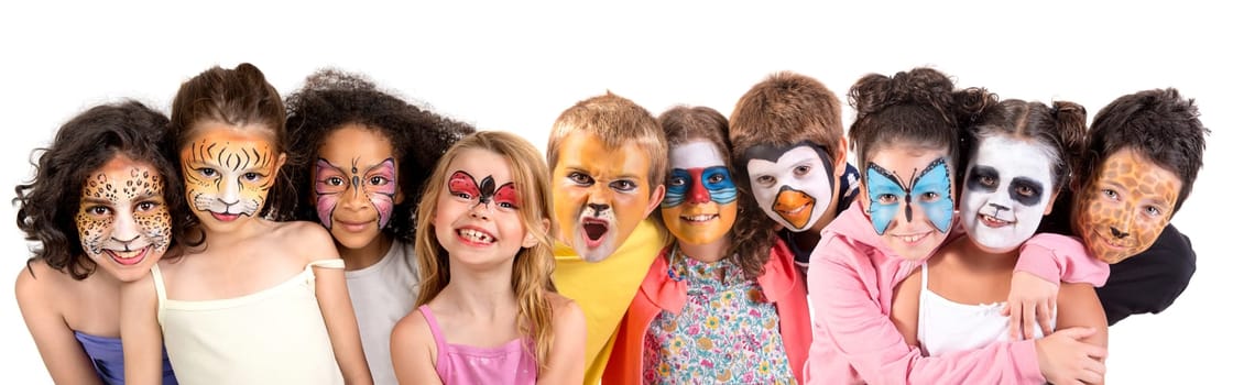 Children's group with animal face-paint isolated in white
