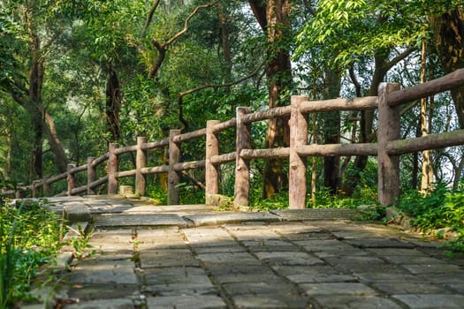Concrete tile walkway with log railing in a mountain park, Shenzhen, China