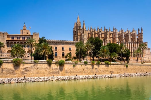 The Cathedral of Santa Maria of Palma in Mallorca with pond and green palm trees in front, Balearic Islands, Spain