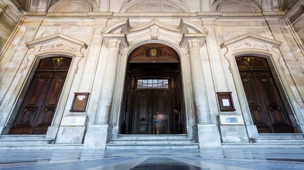 Portal of the Neo-Classical Royal Basilica of the Most Sacred Heart of Jesus, built in late 18th century in Lisbon, Portugal