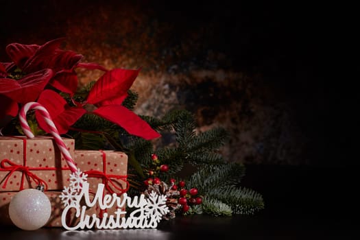 Christmas decoration with Red Poinsettia flowers (Euphorbia Pulcherrima), fir branch and gift boxes on a dark background. Christmas background with copy space. Greeting card.