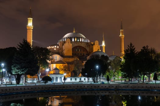 Hagia Sophia, evening view from the Sultanahmet park, Istanbul, Turkey.