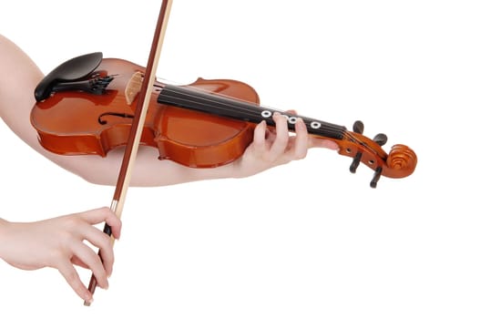 A womans hand holding and playing the violin in a close up image,.horizontal , isolated for white background.