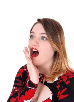 A close up image of a young woman holding her hand over her open.mouths, I should not say that, isolated for white background.