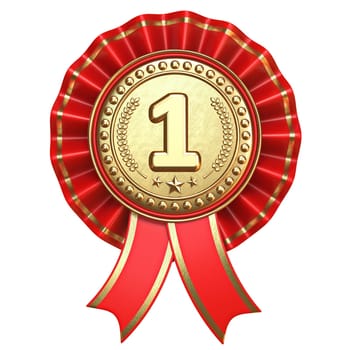 Gold medal for first place with red ribbons 3D render illustration isolated on white background