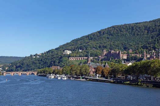 Old Bridge and Old Town with Castle in Heidelberg in September 2019