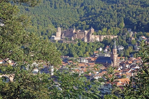 View of Heidelberg Castle and Heidelberg's Old Town with the Church of the Holy Spirit