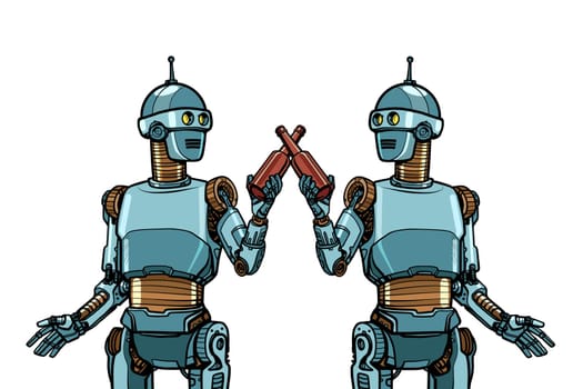robots drink beer. cheers toast to the meeting. Pop art retro vector illustration drawing vintage kitsch
