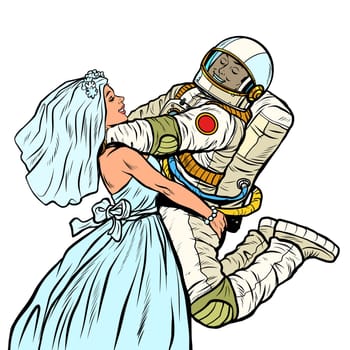 bride and groom at the wedding. astronaut and his wife. Pop art retro vector illustration drawing