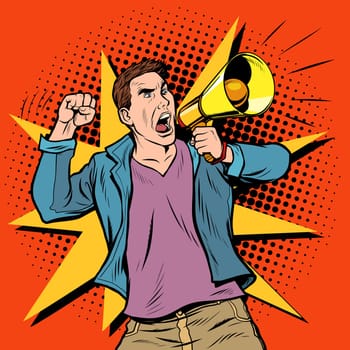 male protester with megaphone. Democracy opposition freedom of speech. Pop art retro vector illustration drawing vintage kitsch