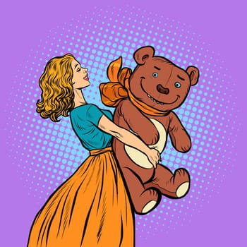 young woman and bear gift. Birthday. A celebration of love. Pop art retro vector illustration drawing