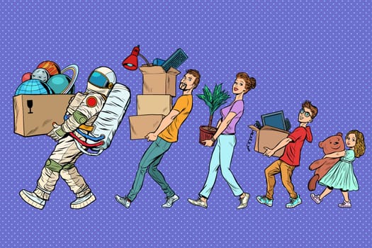 the family moves to a new planet. astronaut dad mom son and daughter. Pop art retro vector illustration drawing