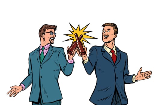 two businessman cheers bottles of beer for success. Male friendship. Pop art retro vector illustration drawing vintage kitsch