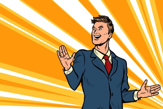 handsome man businessman leader presents. advertising poster. Pop art retro vector illustration drawing vintage kitsch