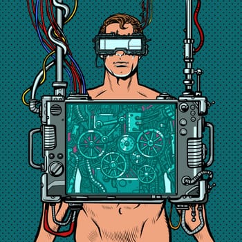 cyberpunk male robot wearing virtual reality glasses. Pop art retro vector illustration drawing vintage kitsch