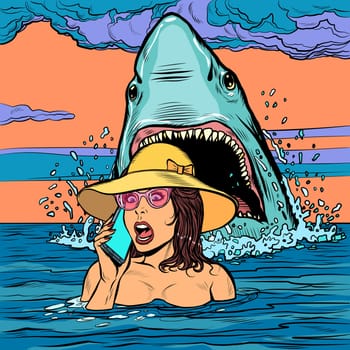 A shark attacks a woman at sea. The girl asks for help on the phone. Pop art retro vector illustration drawing